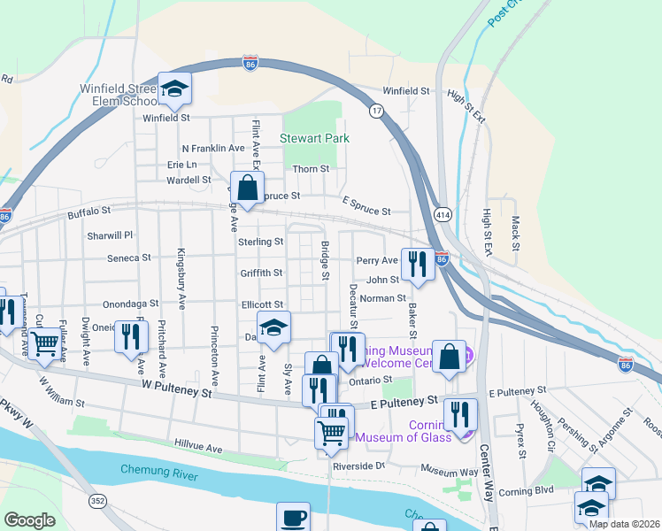map of restaurants, bars, coffee shops, grocery stores, and more near in Corning