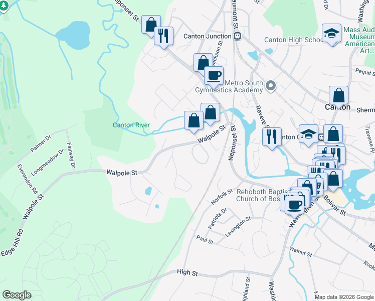 map of restaurants, bars, coffee shops, grocery stores, and more near 32 Grand Street in Canton