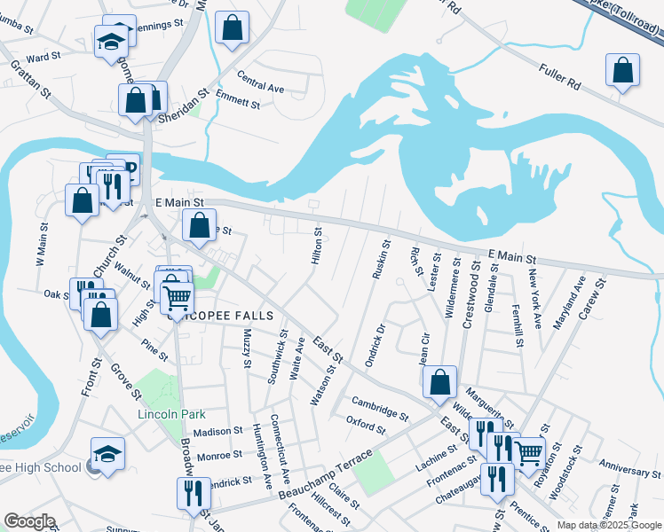 map of restaurants, bars, coffee shops, grocery stores, and more near 68 Hillman Street in Chicopee