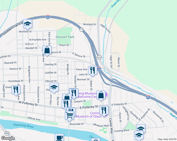 map of restaurants, bars, coffee shops, grocery stores, and more near 200 Baker Street in Corning