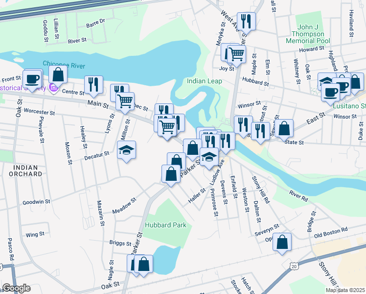 map of restaurants, bars, coffee shops, grocery stores, and more near 485 Massachusetts 141 in Springfield