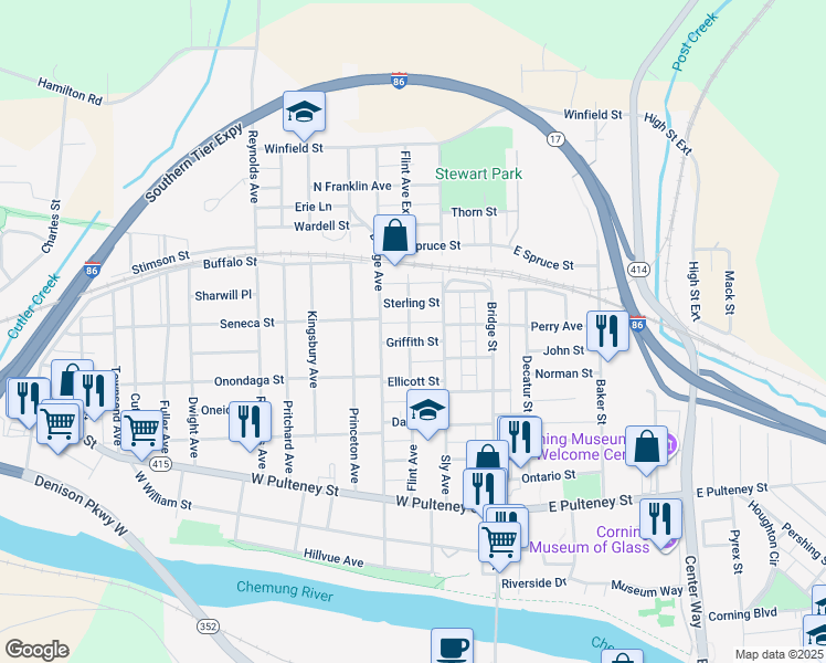 map of restaurants, bars, coffee shops, grocery stores, and more near 77 Griffith St in Corning