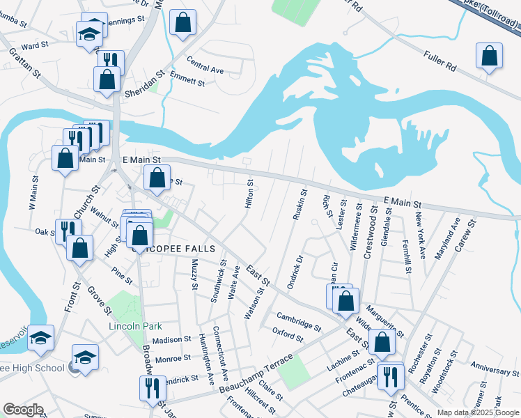 map of restaurants, bars, coffee shops, grocery stores, and more near 68 Hillman Street in Chicopee