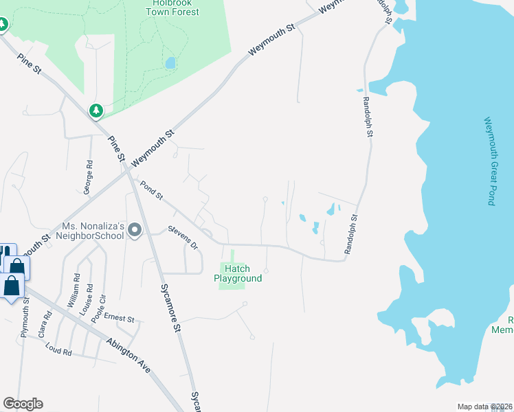 map of restaurants, bars, coffee shops, grocery stores, and more near 3 Bruce Road in Holbrook