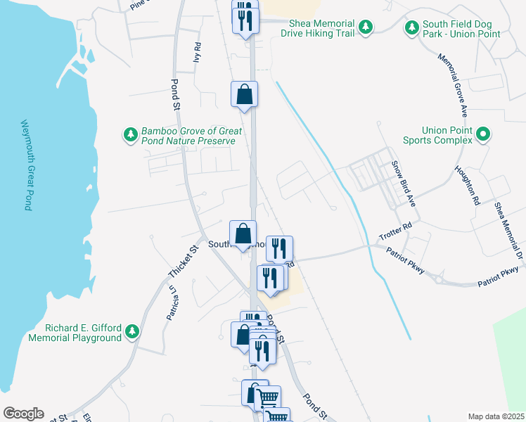 map of restaurants, bars, coffee shops, grocery stores, and more near 1400 Main Street in Weymouth