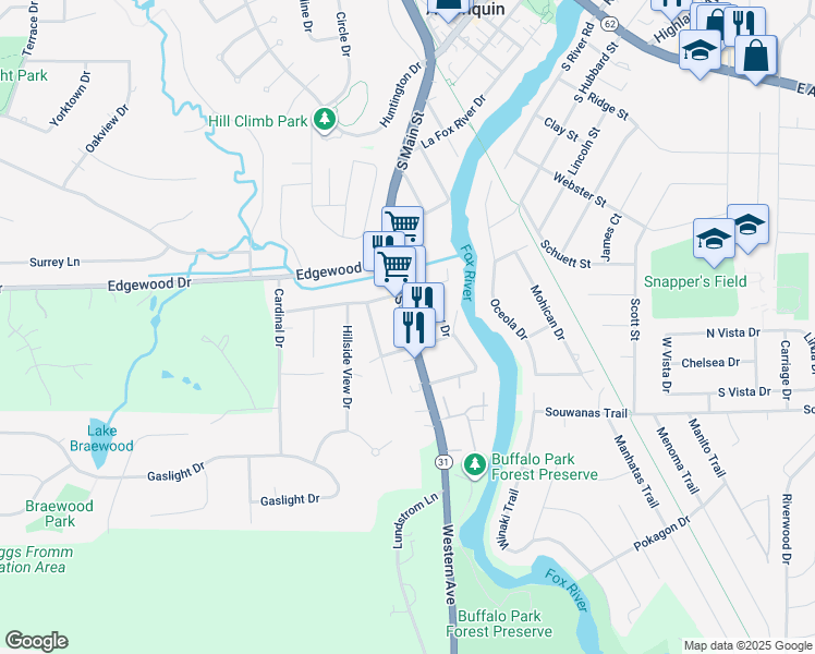 map of restaurants, bars, coffee shops, grocery stores, and more near Glenmont Street in Algonquin