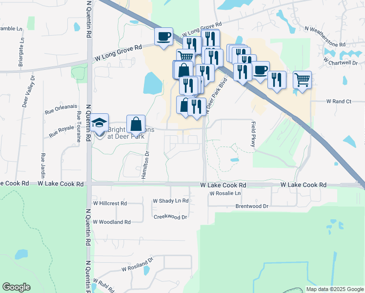 map of restaurants, bars, coffee shops, grocery stores, and more near 21519 West Field Court in Deer Park