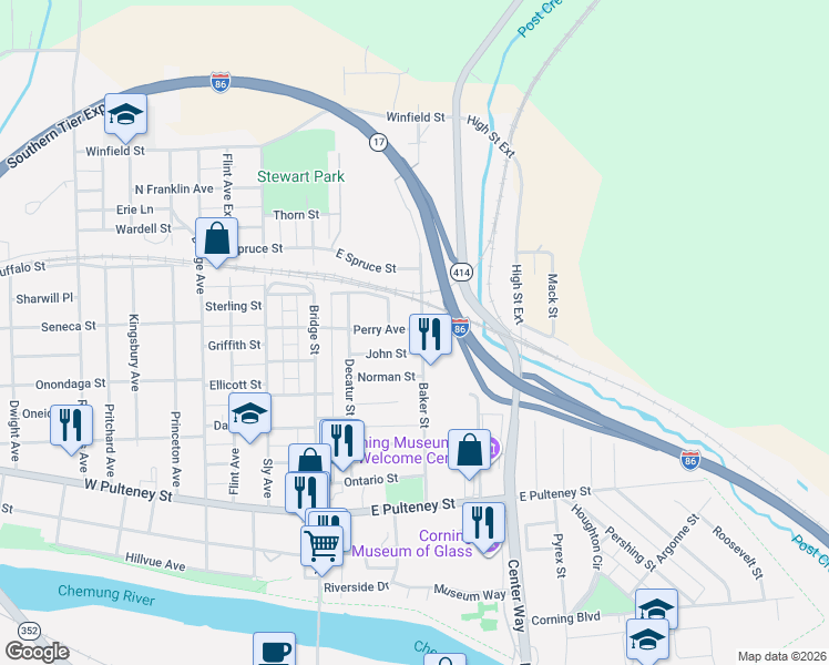 map of restaurants, bars, coffee shops, grocery stores, and more near 200 Baker Street in Corning