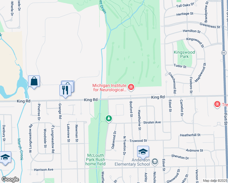 map of restaurants, bars, coffee shops, grocery stores, and more near 14800 King Road in Riverview
