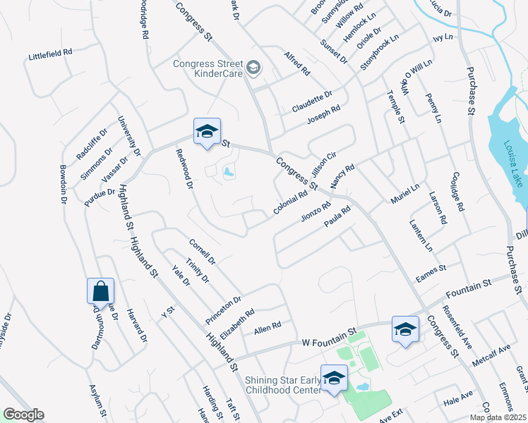 map of restaurants, bars, coffee shops, grocery stores, and more near 15 Colonial Road in Milford
