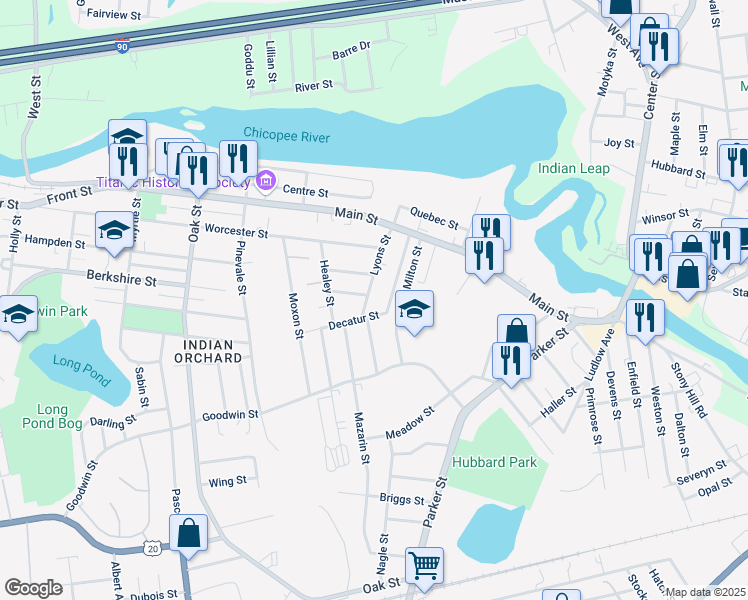 map of restaurants, bars, coffee shops, grocery stores, and more near 70 Montgomery Street in Springfield
