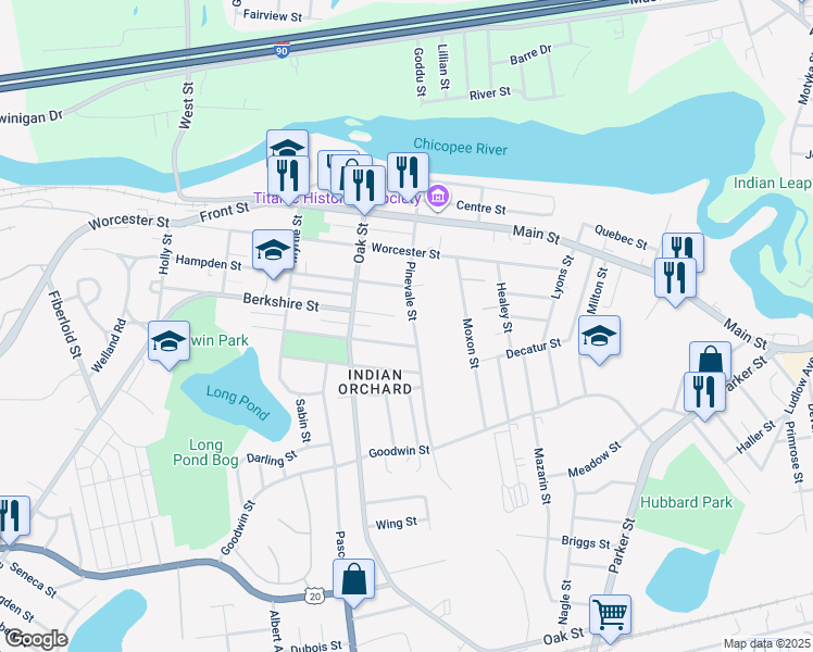 map of restaurants, bars, coffee shops, grocery stores, and more near 91 Pinevale Street in Springfield