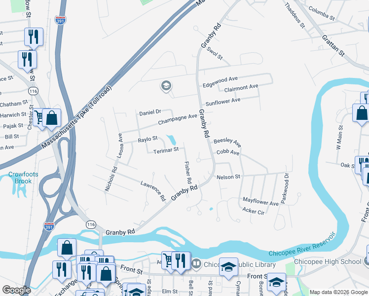 map of restaurants, bars, coffee shops, grocery stores, and more near 75 Fisher Road in Chicopee