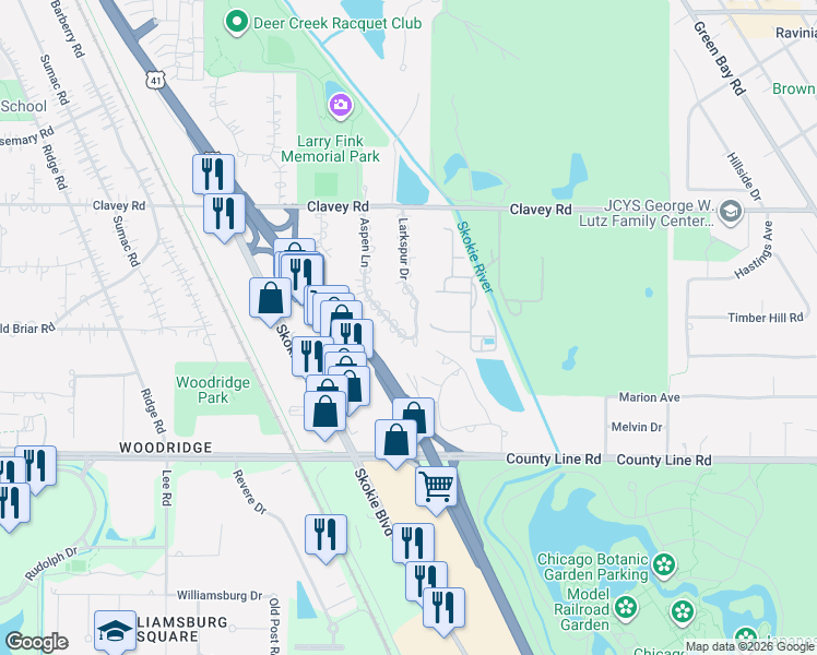 map of restaurants, bars, coffee shops, grocery stores, and more near 201 Aspen Lane in Highland Park