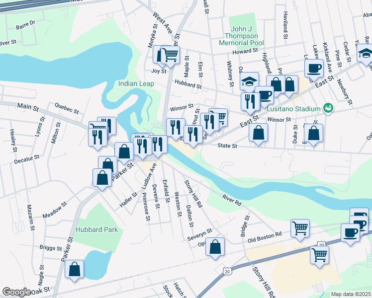map of restaurants, bars, coffee shops, grocery stores, and more near 54 East Street in Ludlow