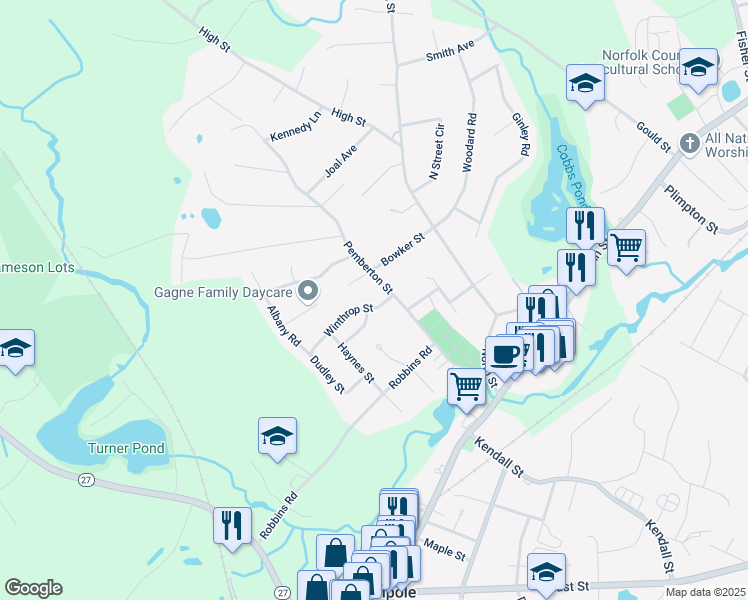 map of restaurants, bars, coffee shops, grocery stores, and more near 1 Vane Street in Walpole