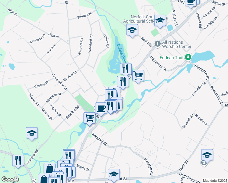 map of restaurants, bars, coffee shops, grocery stores, and more near 30 Gill Street in Walpole