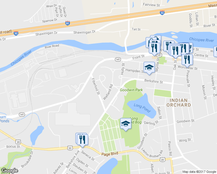 map of restaurants, bars, coffee shops, grocery stores, and more near 64 Welland Road in Springfield