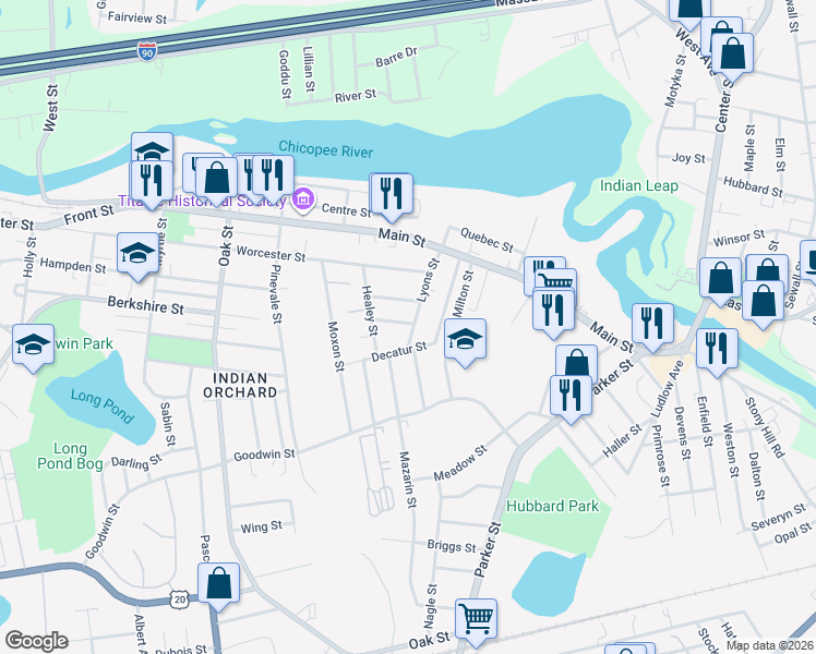 map of restaurants, bars, coffee shops, grocery stores, and more near 108 Lyons Street in Springfield