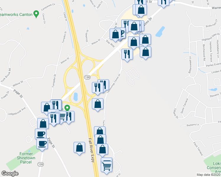 map of restaurants, bars, coffee shops, grocery stores, and more near 444 Technology Center Drive in Stoughton