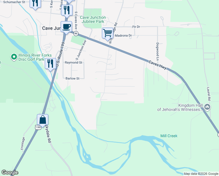 map of restaurants, bars, coffee shops, grocery stores, and more near 425 South Old Stage Road in Cave Junction