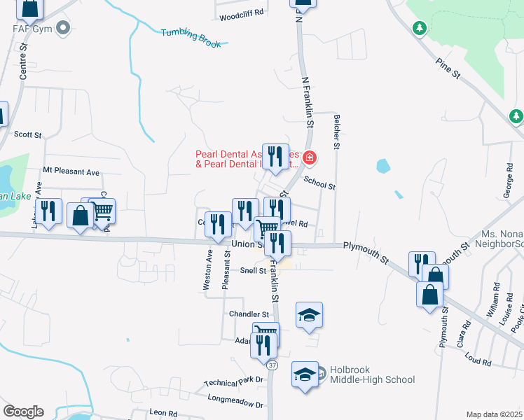 map of restaurants, bars, coffee shops, grocery stores, and more near in Holbrook