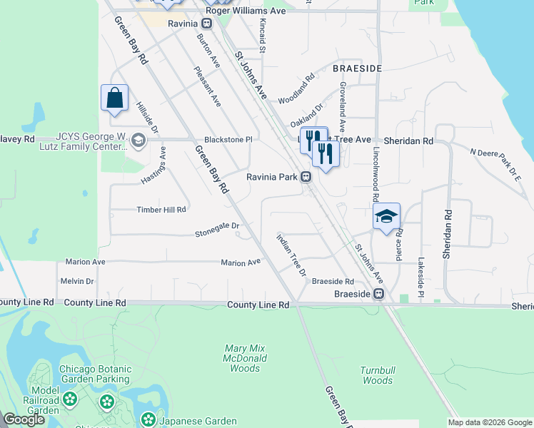 map of restaurants, bars, coffee shops, grocery stores, and more near 183 Green Bay Road in Highland Park