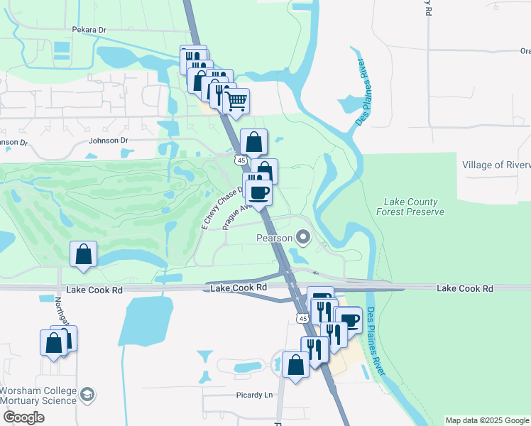 map of restaurants, bars, coffee shops, grocery stores, and more near 20182 Illinois 21 in Wheeling