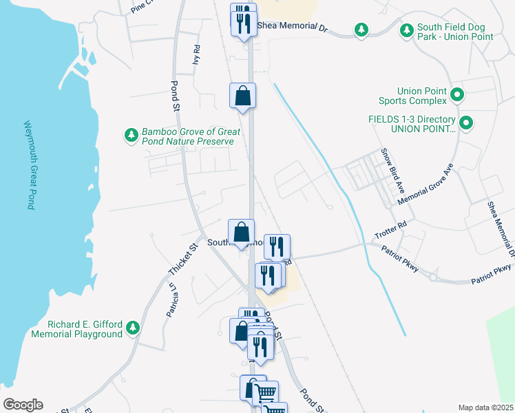 map of restaurants, bars, coffee shops, grocery stores, and more near 1414 Main Street in Weymouth