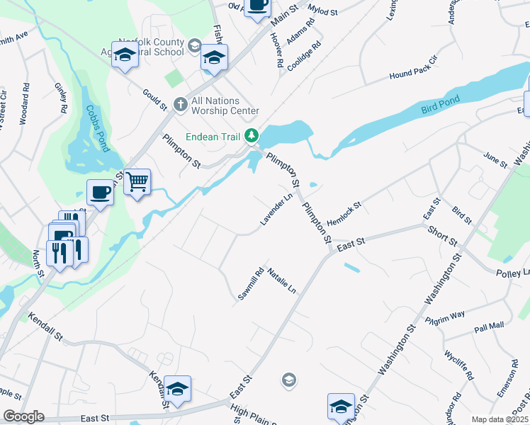 map of restaurants, bars, coffee shops, grocery stores, and more near 16 Lavender Lane in Walpole