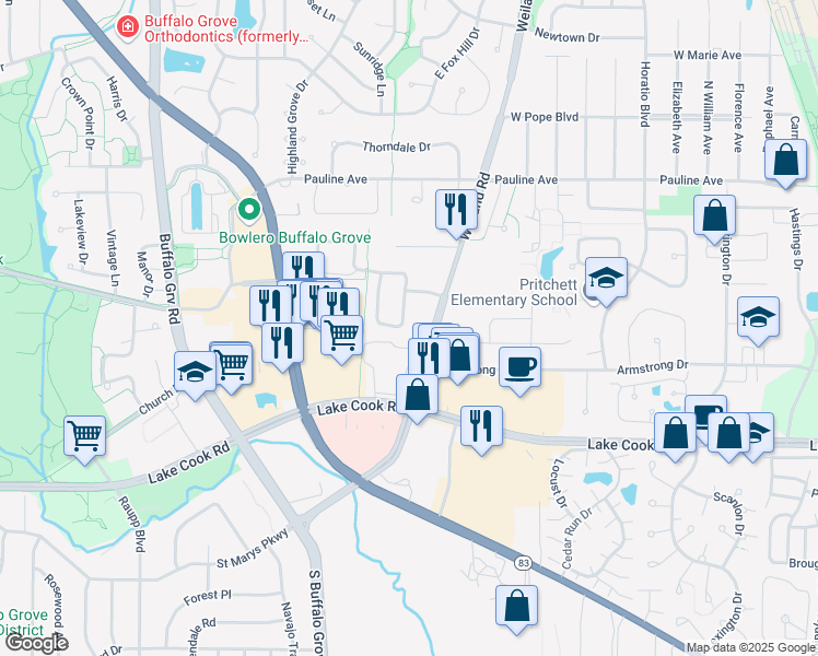 map of restaurants, bars, coffee shops, grocery stores, and more near 243 Woodstone Circle in Buffalo Grove