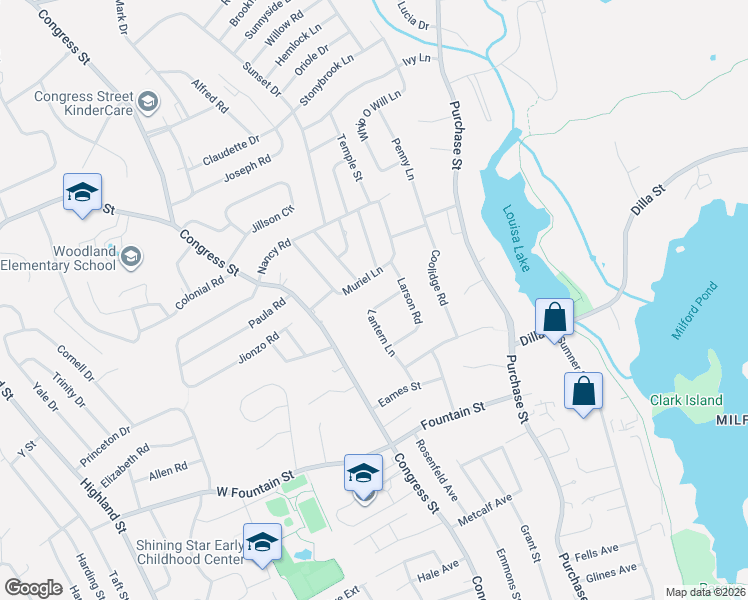 map of restaurants, bars, coffee shops, grocery stores, and more near 15 Lantern Lane in Milford