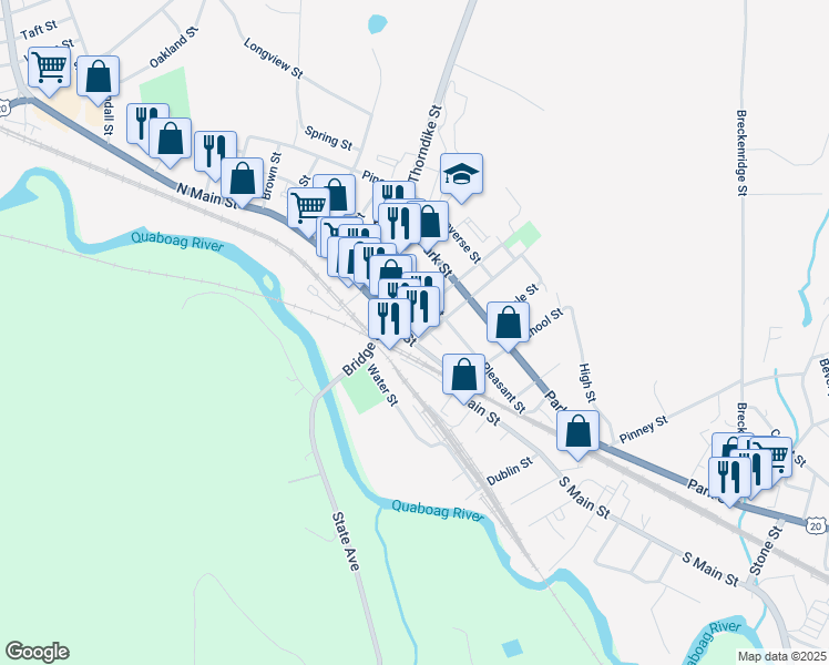 map of restaurants, bars, coffee shops, grocery stores, and more near 1354 Main Street in Palmer