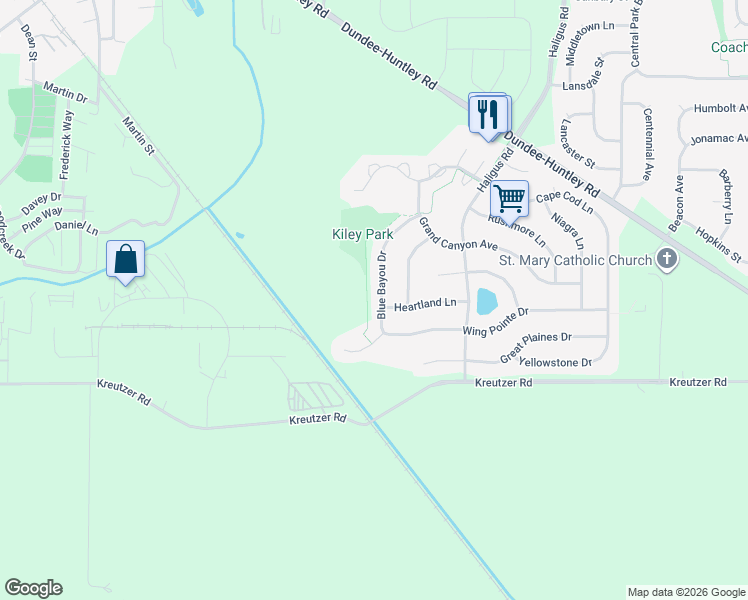 map of restaurants, bars, coffee shops, grocery stores, and more near 11905 Blue Bayou Drive in Huntley