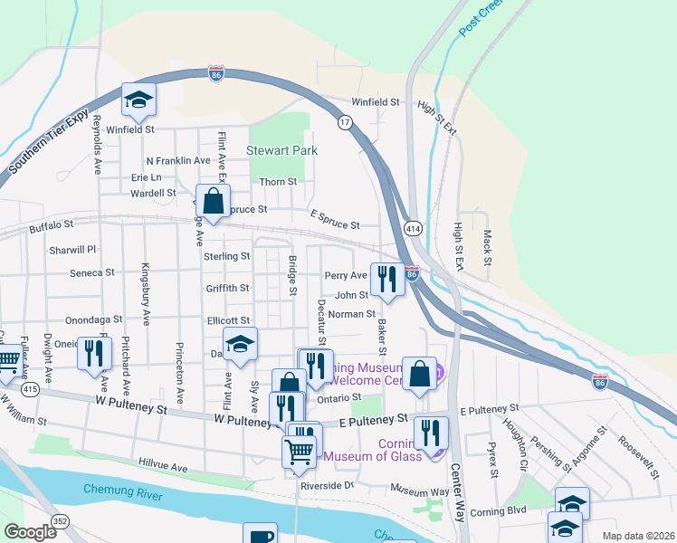 map of restaurants, bars, coffee shops, grocery stores, and more near 242 Decatur Street in Corning