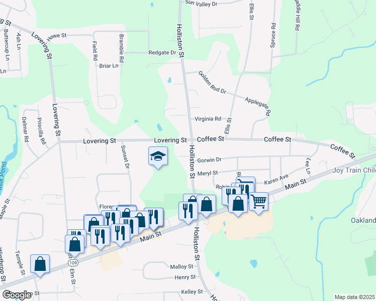 map of restaurants, bars, coffee shops, grocery stores, and more near 102 Holliston Street in Medway