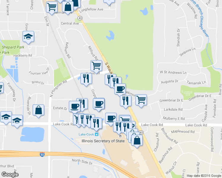 map of restaurants, bars, coffee shops, grocery stores, and more near 430 Lake Cook Rd in Deerfield
