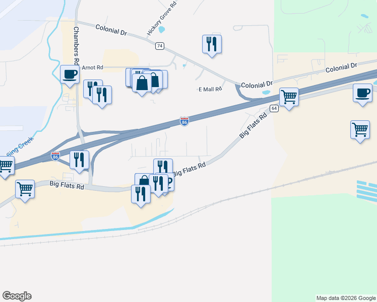 map of restaurants, bars, coffee shops, grocery stores, and more near 971 County Road 64 in Elmira