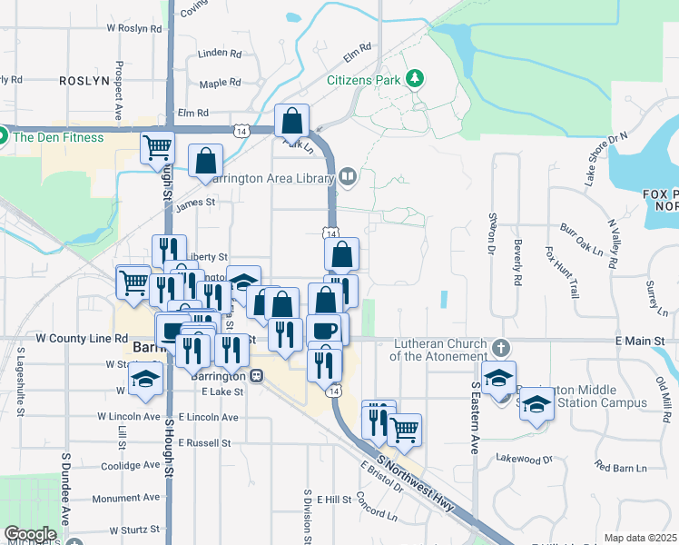 map of restaurants, bars, coffee shops, grocery stores, and more near 227 North Northwest Highway in Barrington