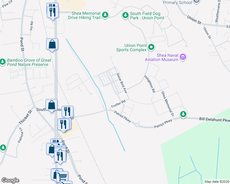 map of restaurants, bars, coffee shops, grocery stores, and more near Parkview Street in Weymouth