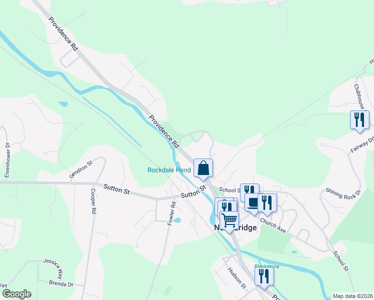map of restaurants, bars, coffee shops, grocery stores, and more near 2 Providence Road in Northbridge
