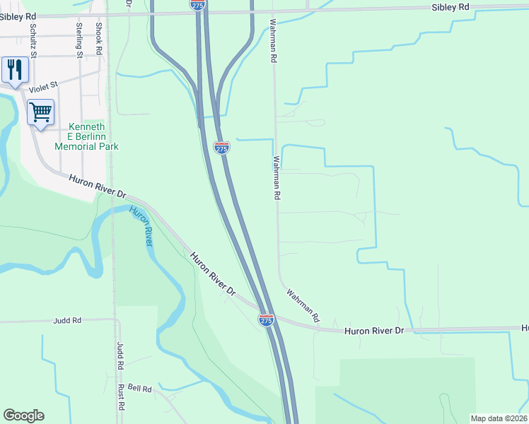 map of restaurants, bars, coffee shops, grocery stores, and more near 20450 Wahrman Road in Brownstown Charter Township