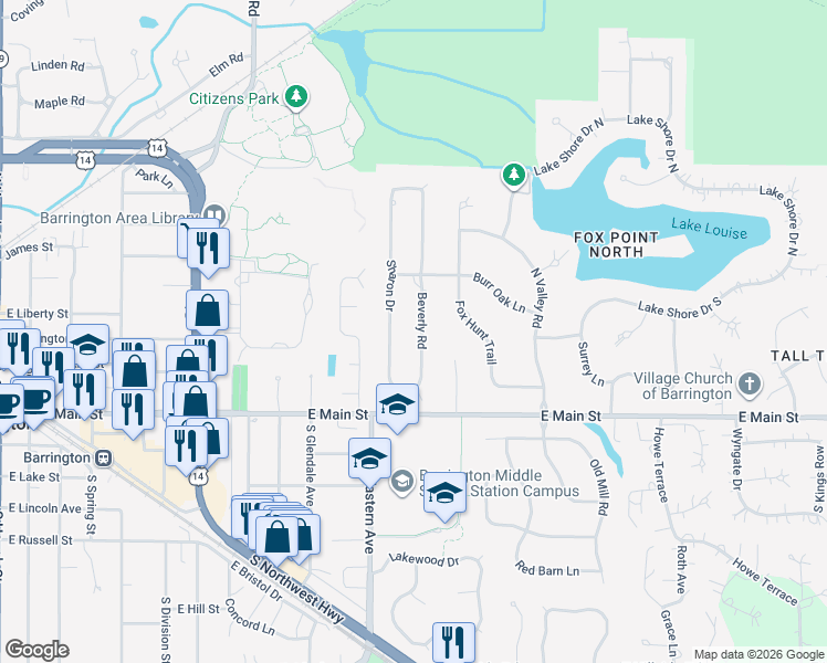 map of restaurants, bars, coffee shops, grocery stores, and more near 231 Sharon Drive in Barrington
