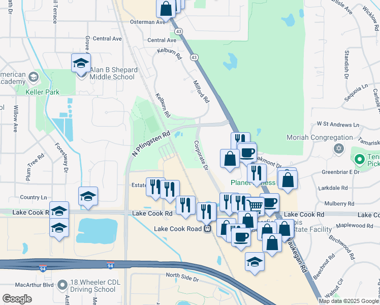 map of restaurants, bars, coffee shops, grocery stores, and more near 520 Lake Cook Road in Deerfield