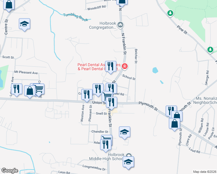 map of restaurants, bars, coffee shops, grocery stores, and more near in Holbrook