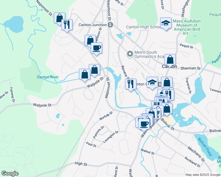 map of restaurants, bars, coffee shops, grocery stores, and more near 221 Neponset Street in Canton