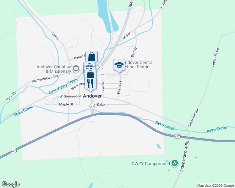 map of restaurants, bars, coffee shops, grocery stores, and more near 56 East Greenwood in Andover