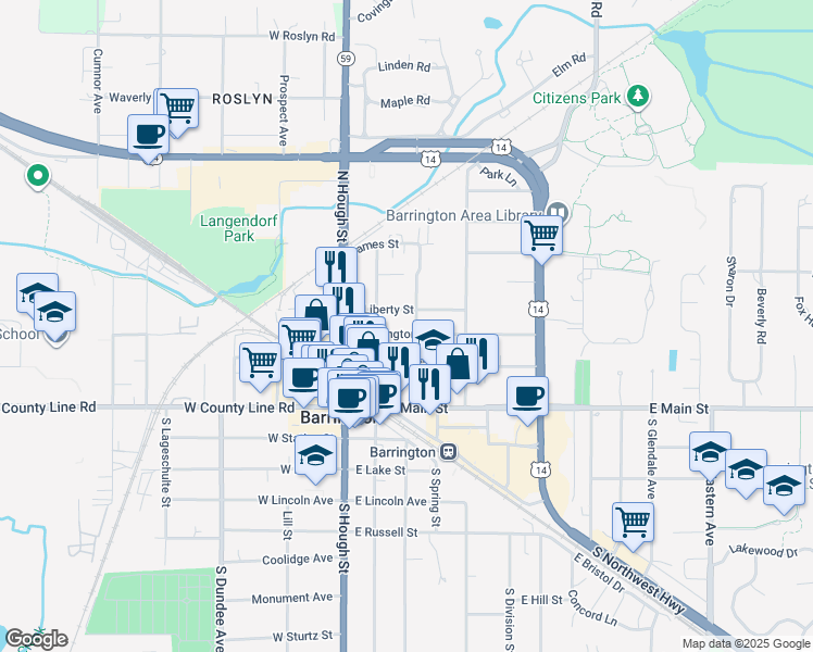 map of restaurants, bars, coffee shops, grocery stores, and more near 216 Franklin Street in Barrington