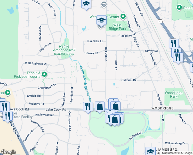 map of restaurants, bars, coffee shops, grocery stores, and more near 2091 Old Briar Road in Highland Park