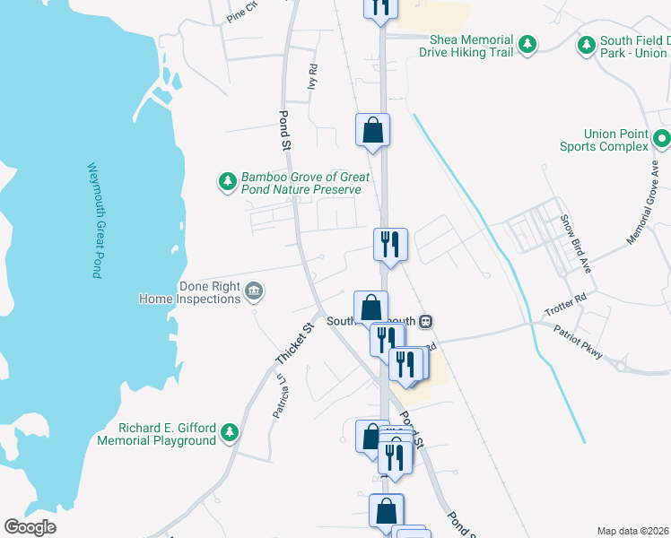 map of restaurants, bars, coffee shops, grocery stores, and more near 23 Barbara Lane in Weymouth